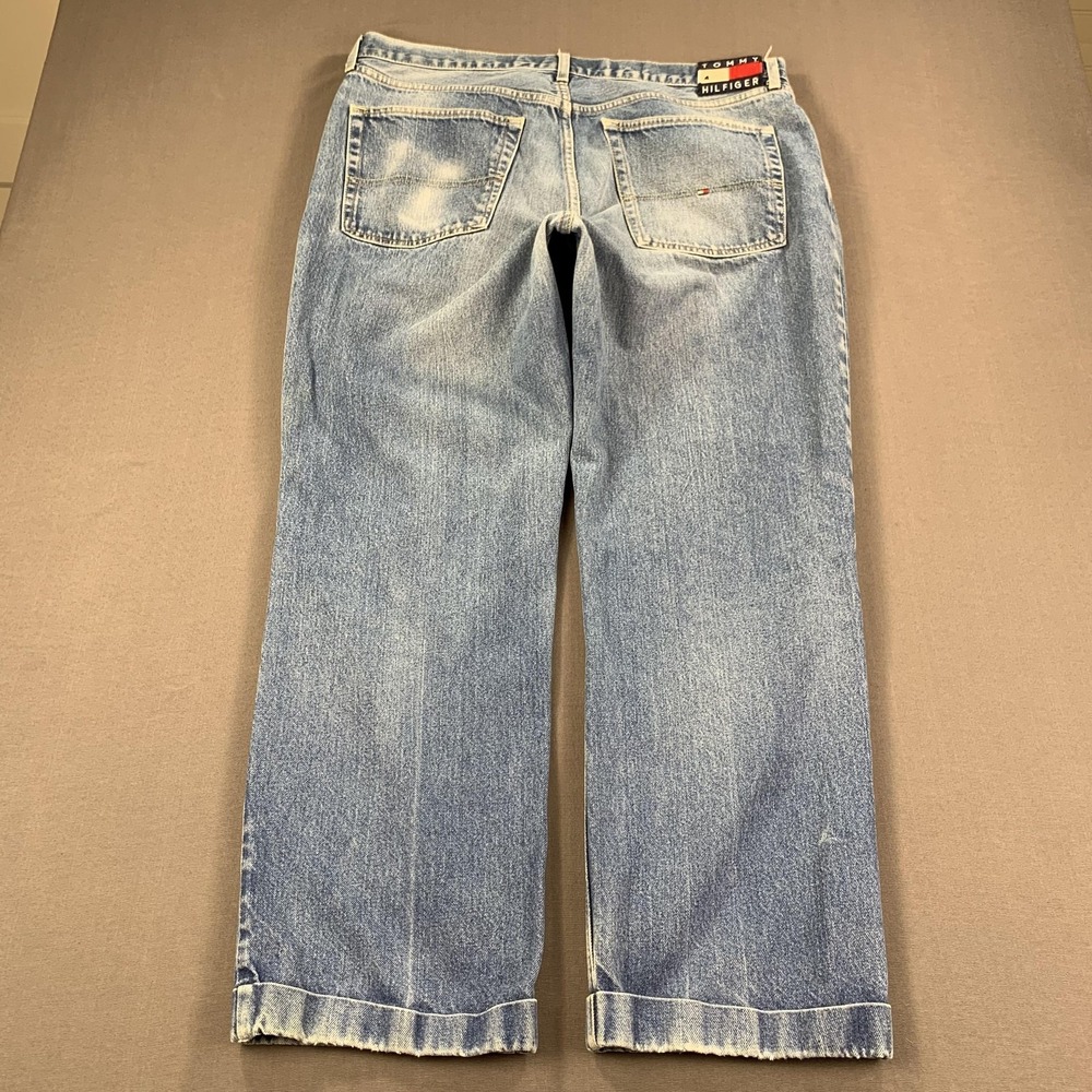 VTG Tommy Jeans Pant Men 40x34 Light Blue Distressed Denim‎ Y2K Baggy Tommy Flag